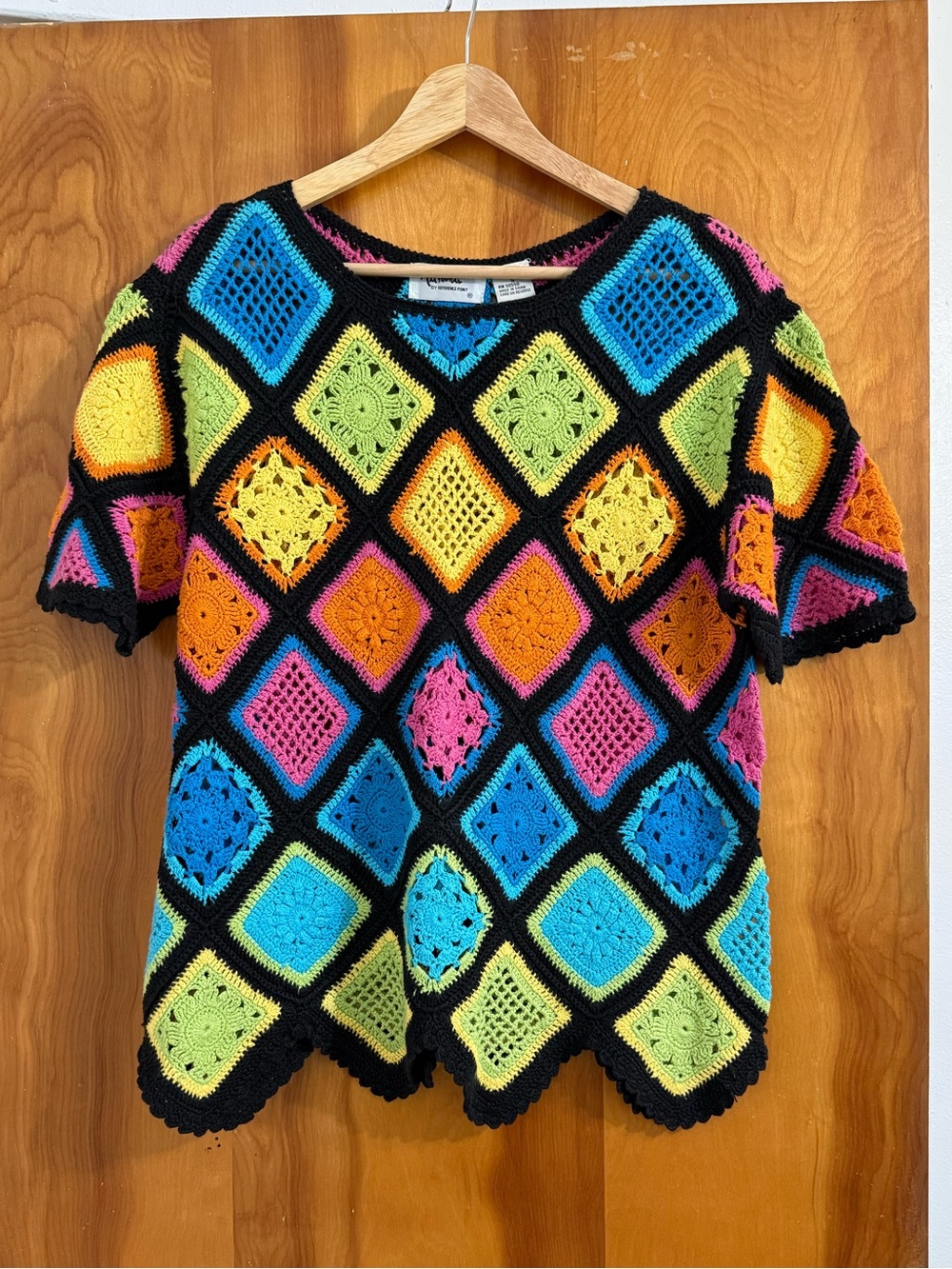 Vintage Colorful Crochet Diamond Patch Short Sleeve Top